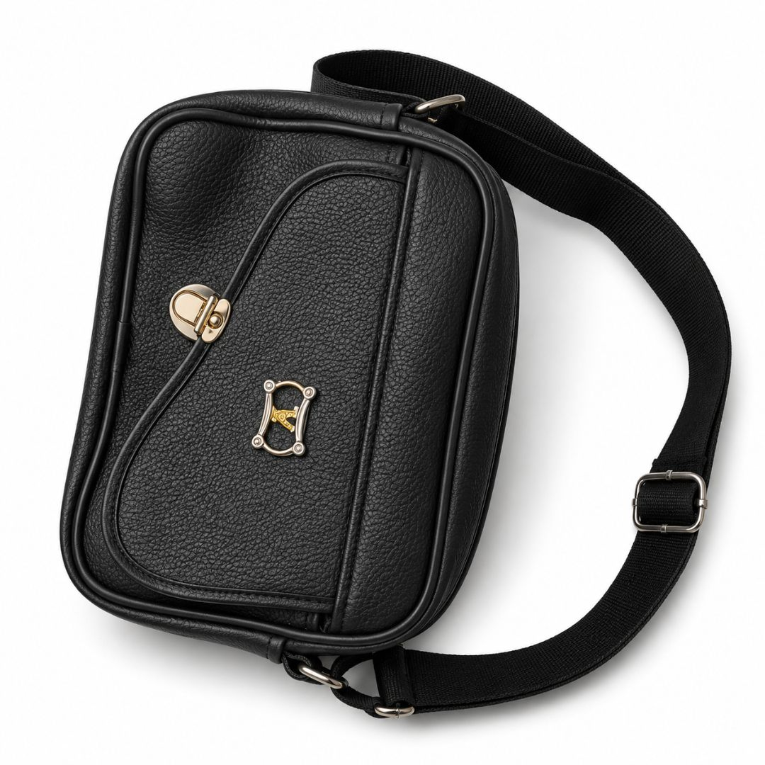 Black Pebbled Faux Leather Messenger Bag with Curved Flap
